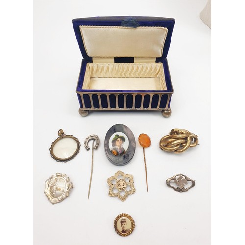 44 - Antique and later costume jewellery including silver and a silver plated trinket box. UK shipping £1... 