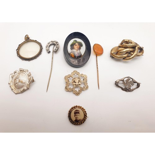 44 - Antique and later costume jewellery including silver and a silver plated trinket box. UK shipping £1... 