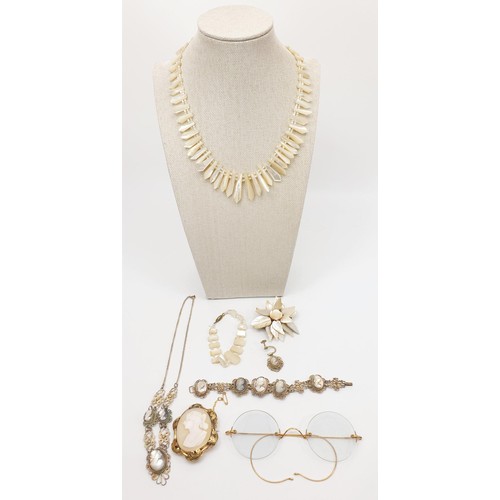 45 - A selection of antique jewellery and a pair of antique spectacles. UK shipping £14.