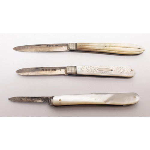 54 - Three mother of pearl handled fruit knives, two with hallmarked silver blades. UK shipping £14.