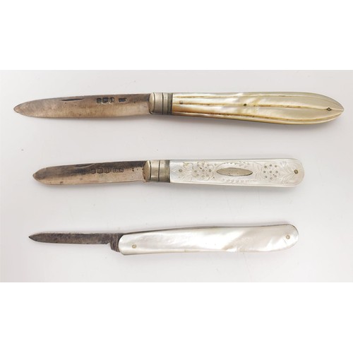 54 - Three mother of pearl handled fruit knives, two with hallmarked silver blades. UK shipping £14.