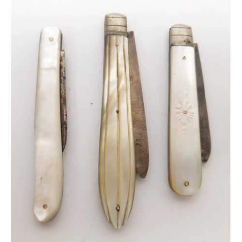 54 - Three mother of pearl handled fruit knives, two with hallmarked silver blades. UK shipping £14.