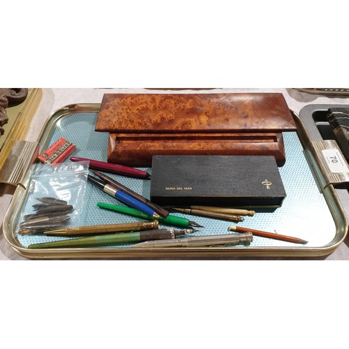 70 - A burr walnut pen tray, width 11