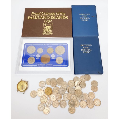 75 - 1980 Falklands Islands proof coinage set together with other coins. UK shipping £14.