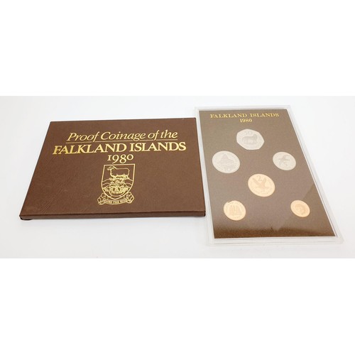 75 - 1980 Falklands Islands proof coinage set together with other coins. UK shipping £14.