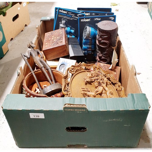 110 - A box of bric-a-brac. No shipping. Arrange collection or your own packer and shipper, please. Electr... 