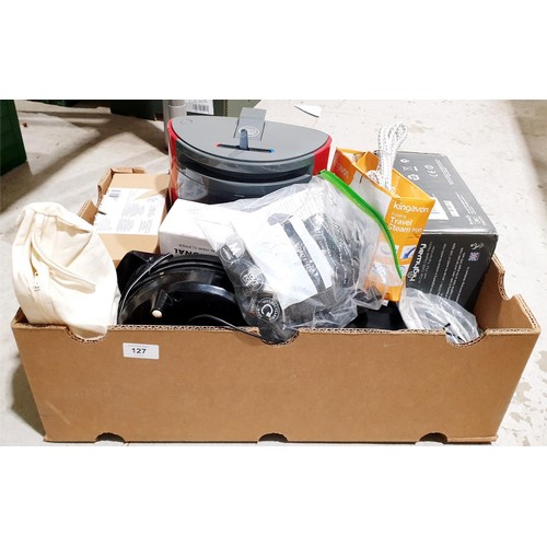 127 - A box of small electricals. No shipping. Arrange collection or your own packer and shipper, please. ... 