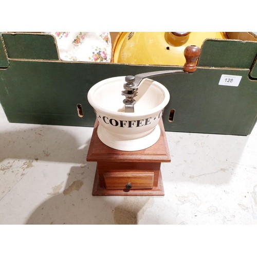 128 - A box of assorted including a coffee mill. No shipping. Arrange collection or your own packer and sh... 