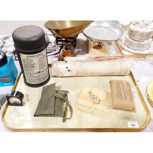 146 - A selection of military items including a World War II pilot's flask. UK shipping £14.