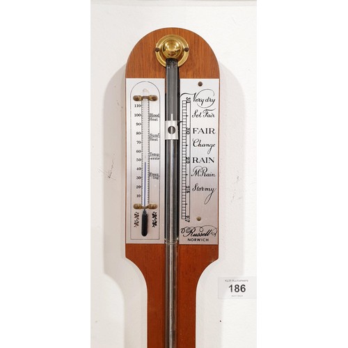 186 - A mahogany stick barometer and thermometer by Russell of Norwich, length 35