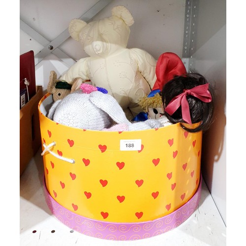 188 - Soft toys, a doll and a hat box. No shipping. Arrange collection or your own packer and shipper, ple... 