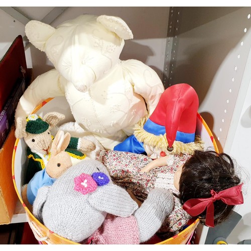 188 - Soft toys, a doll and a hat box. No shipping. Arrange collection or your own packer and shipper, ple... 