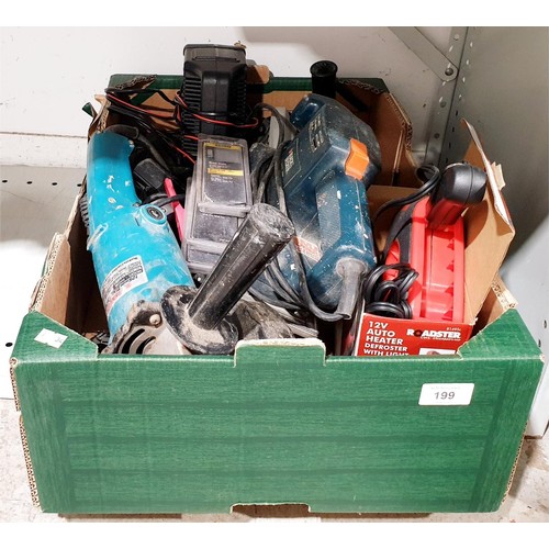 199 - A box of power tools including a Makita 90058 disc grinder. No shipping. Arrange collection or your ... 