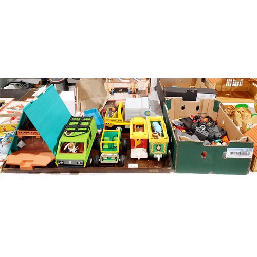 217 - A box and and a tray of Fisher Price Adventure, Playmobile and other toys. No shipping.  Arrange col... 