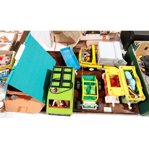 217 - A box and and a tray of Fisher Price Adventure, Playmobile and other toys. No shipping.  Arrange col... 