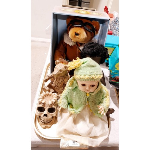 226 - Two vintage dolls, a teddy bear and assorted. UK shipping £14.