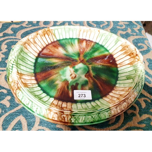 273 - A Victorian majolica oval bread dish with stamp on the base: manufactured on the estate of the Earl ... 