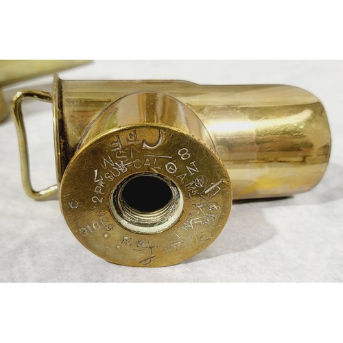 254 - Two scoops made from brass shells, one using two WWI shells dated 1918 and 1916, length 4