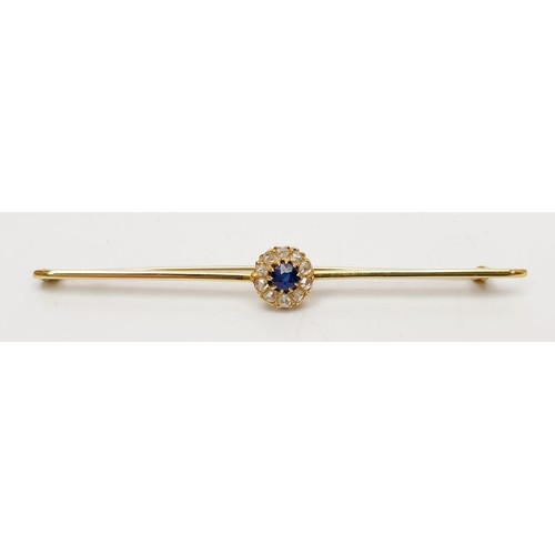 16 - A yellow metal diamond and sapphire cluster bar brooch, length 3