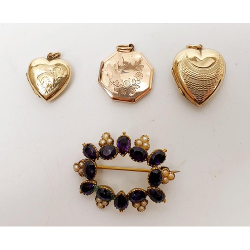 27 - Three lockets with 9ct gold front and backs and a Georgian brooch, width 1.5