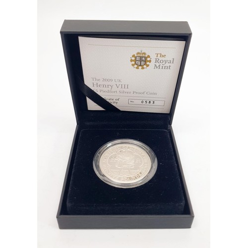 45 - A boxed Royal Mint 2009 UK Henry VIII £5 Piedfort silver proof coin. UK shipping £14.