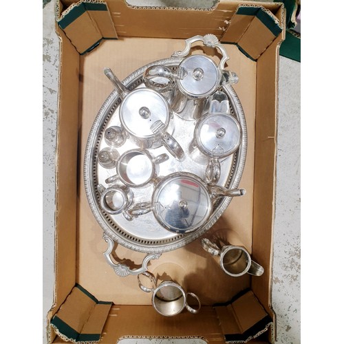 96 - A box of metal ware. No shipping. Arrange collection or your own packer and shipper, please. Electri... 