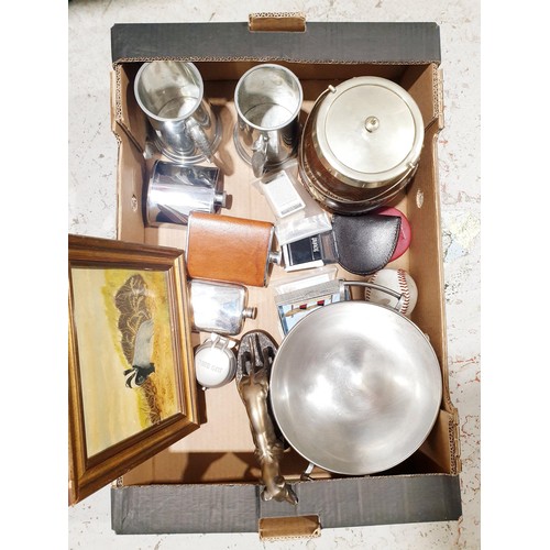 98 - A box of assorted including a vintage oak biscuit barrel. No shipping. Arrange collection or your ow... 