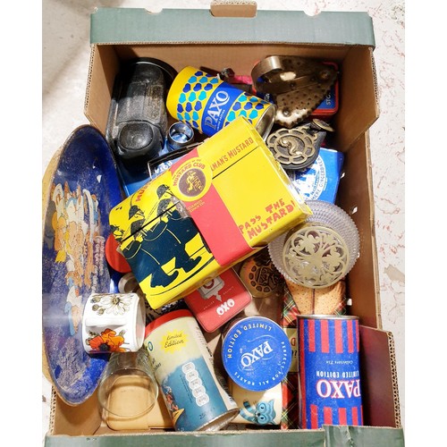 102 - A box of tins and assorted. No shipping. Arrange collection or your own packer and shipper, please. ... 