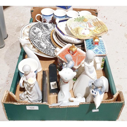 128 - A box of ceramics including a Beswick Scenes from Beatrix Potter plate. No shipping. Arrange collect... 