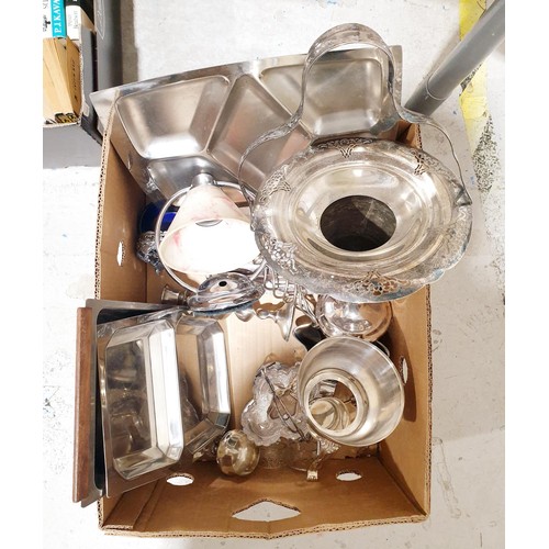 135 - A box of metal ware and a vintage chrome plated lamp. No shipping. Arrange collection or your own pa... 