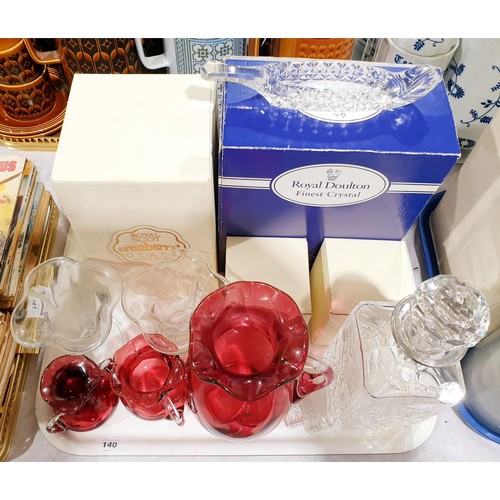 140 - Three pieces of boxed Royal Scot cranberry glass, a Royale County cut crystal decanter and other gla... 