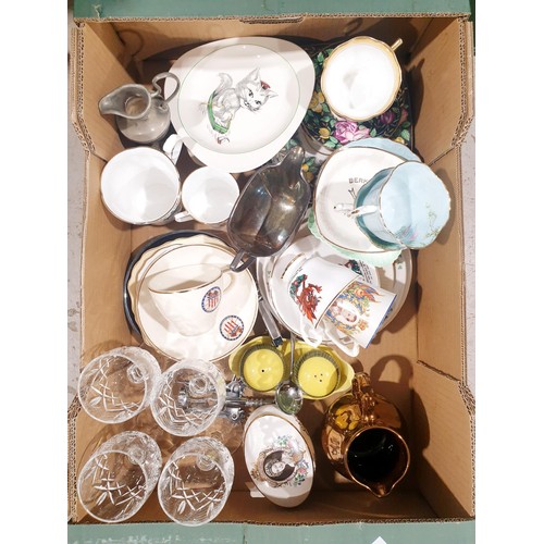 261 - A box of glass and china including an Apollo 16 cup and saucer. No shipping. Arrange collection or y... 