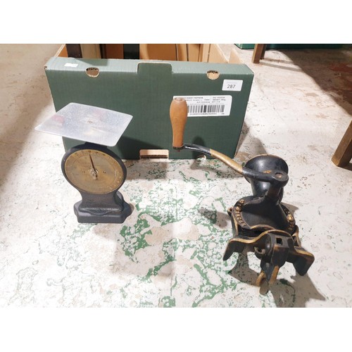 287 - A box including a vintage Spong coffee grinder. No shipping. Arrange collection or your own packer a... 