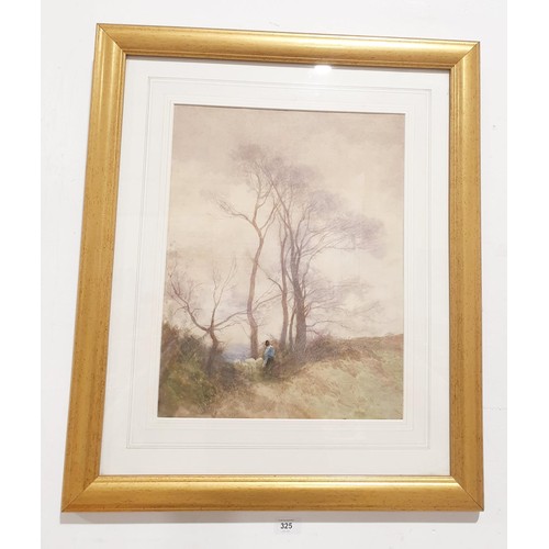 325 - A watercolour drawing depicting a figure in a winter landscape, unsigned, 17.52x13.5