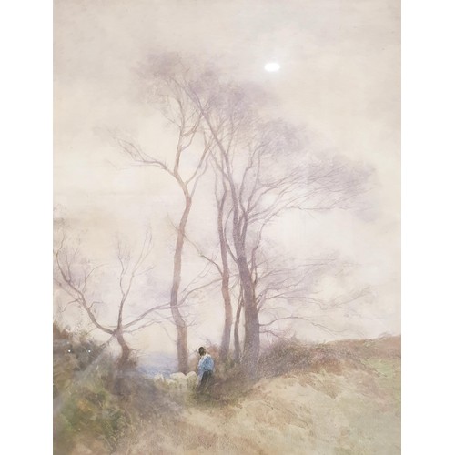 325 - A watercolour drawing depicting a figure in a winter landscape, unsigned, 17.52x13.5