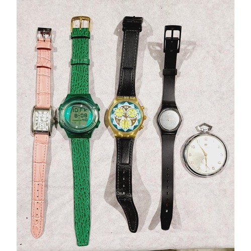 171 - Four wrist watches including Swatch and Festina, and a pocket watch.  UK shipping £14.