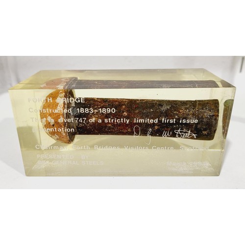 296 - An original Rivet from the Forth Bridge encased in acrylic, limited edition, dated 1988, length 5