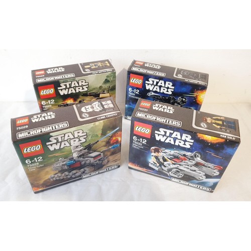 29 - Four sealed Lego Star Wars Microfighters: Clone Turbo Tank 75028, AAT 75029, Millennium Falcon 75030... 