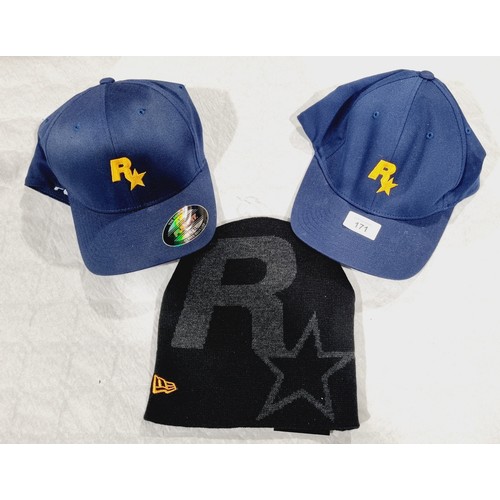 171 - Two blue Rockstar Games logo baseball cap and a  Rockstar Games New Era beanie hat. UK shipping £14.