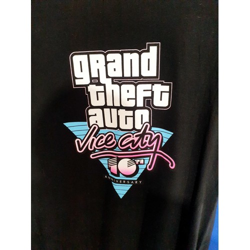 128 - Two Grand Theft Auto Vice City 10th Anniversary black tee shirts, size large and a grey tee shirt, s... 