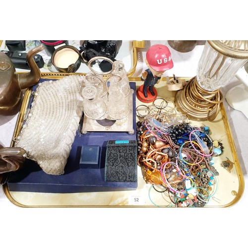 52 - A vintage Leko bead evening purse, a silver plated cruet set, costume jewellery and assorted. UK shi... 