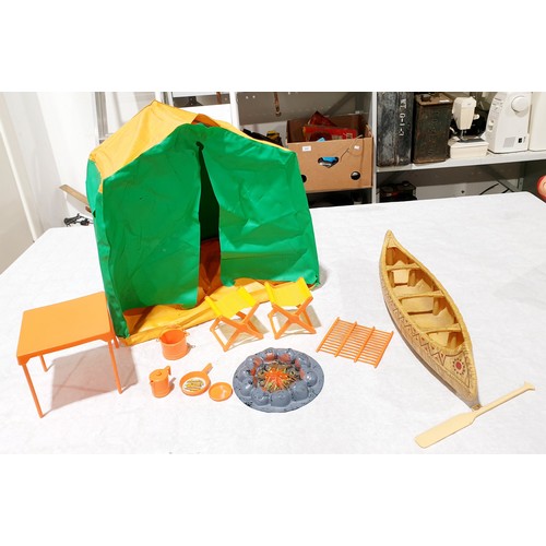 254 - A vintage Big Jim Camping Set, tent and canoe with gyrocopter, each A/F. UK Shipping £14.