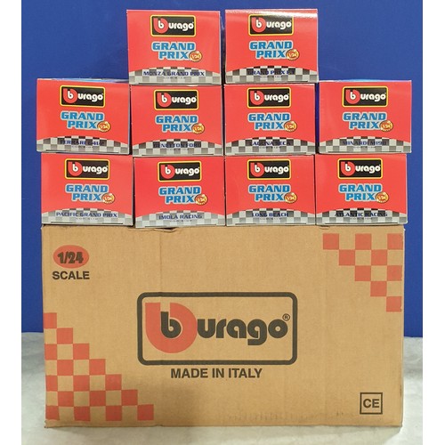 257 - Ten boxed 1/24 scale Burago Grand Prix Cars. UK Shipping £14.