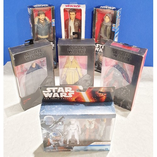 266 - Six Star Wars boxed figures including Rogue One and The Force Awakens with Snap Wexley figure set. U... 