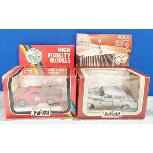 273 - Six boxed Politsil cars: Porsche Polizei, Jaguar XJ 6L, Lancia Stratos, Silver Ghost II, Citreon 2CV... 