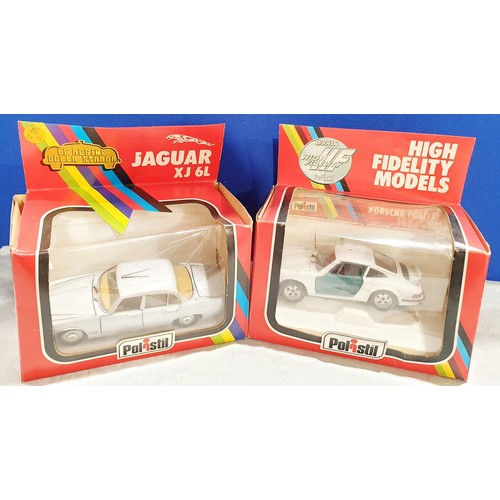 273 - Six boxed Politsil cars: Porsche Polizei, Jaguar XJ 6L, Lancia Stratos, Silver Ghost II, Citreon 2CV... 