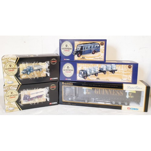 281 - Five Boxed Corgi Guinness vehicles including a Scania Curtainside, a Beaver Platform Lorry and a Ley... 