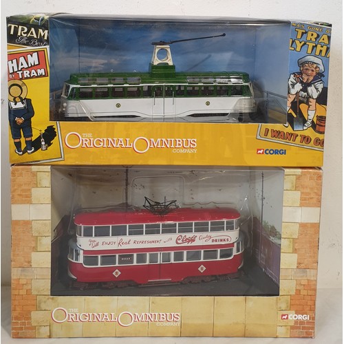 282 - Eight boxed Corgi Trams including Blackpool Brush Railcoach, Blackpool Balloon trams, Leeds and Lond... 