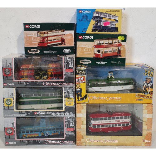 282 - Eight boxed Corgi Trams including Blackpool Brush Railcoach, Blackpool Balloon trams, Leeds and Lond... 