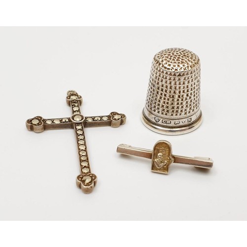 2 - A hallmarked silver Charles Horner thimble, a 935 silver cross set with marcasite and a hallmarked s... 